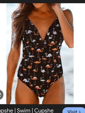 Cupshe Black One-Piece Swimsuit with Orange and White Flamingo Print